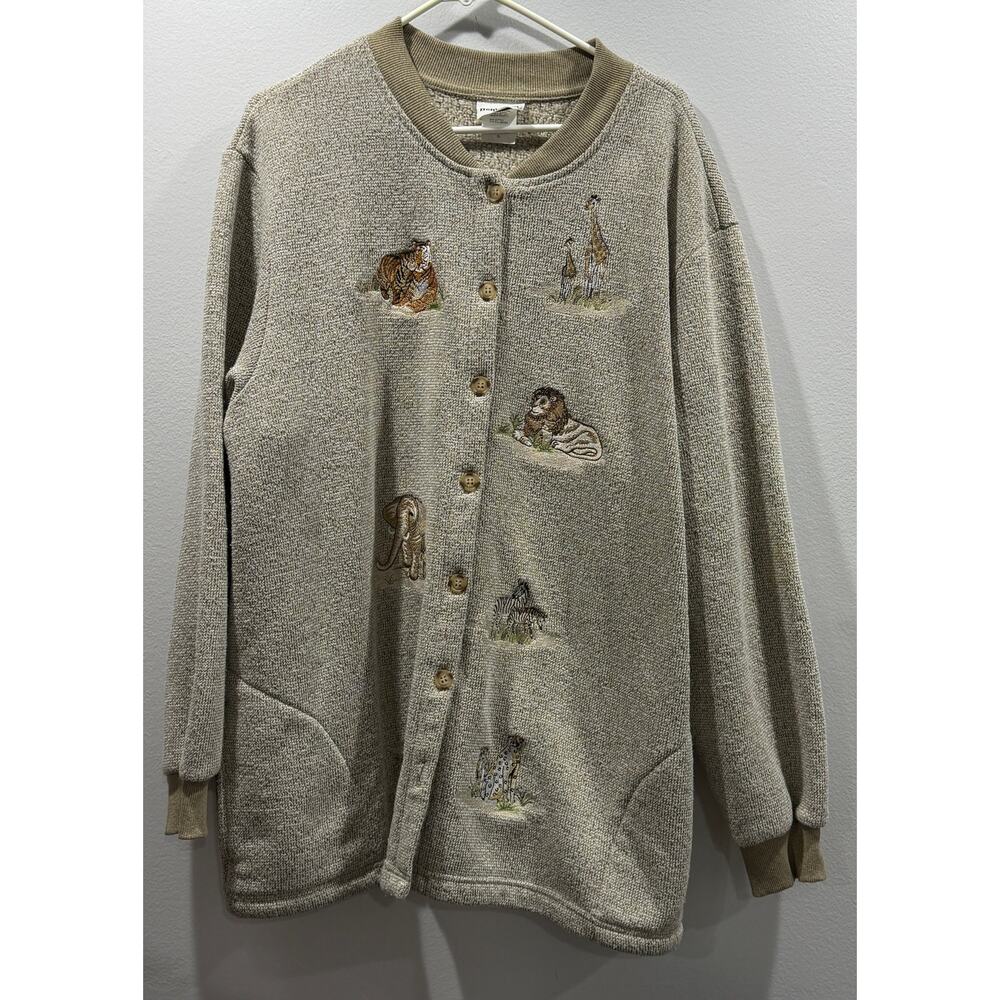 VTG BonWorth Cardigan Sweater Women's XL Beige Safari Animal Embroidered  EUC